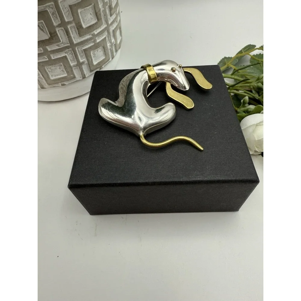 Vintage Taxco Mexico 925 Sterling & Brass Dog Brooch – Modernist Signed TM-104 - Picture 7 of 12